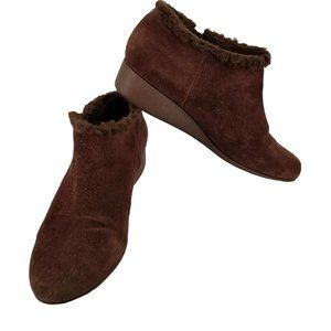 Cole Haan Ankle Boots 9B Brown Suede Zip Up Wedge Callie Shoes Round Toe Trim